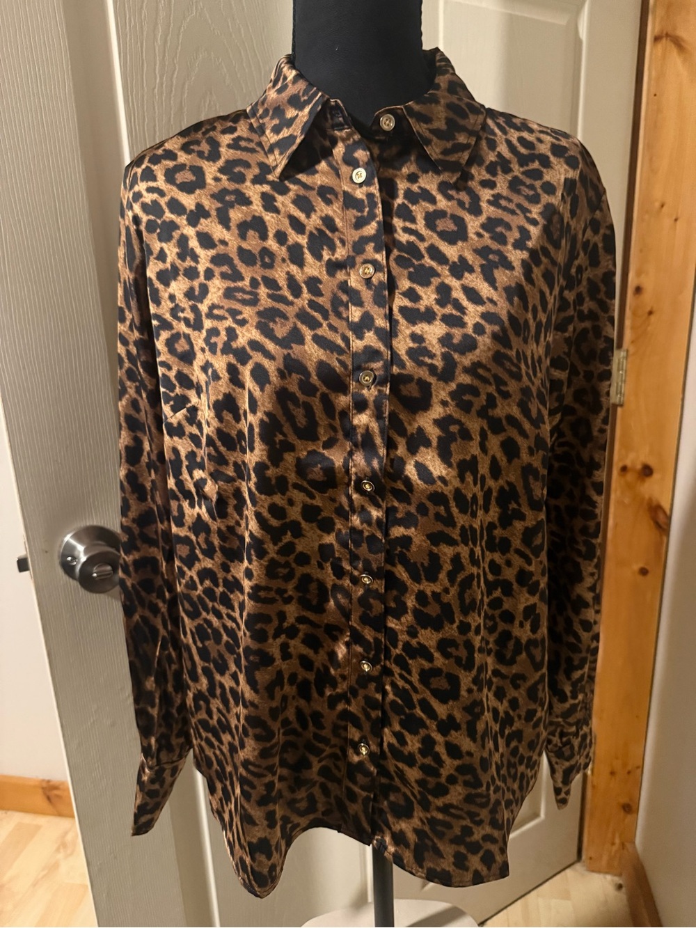 Talbots Leopard Print Satin Button-Up Blouse - Brown & Black, Size LP